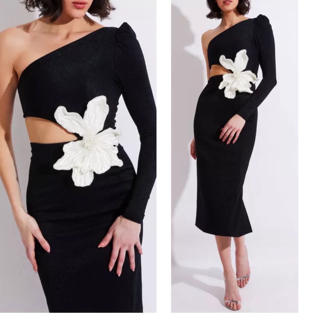 PATBO One Shoulder Long Sleeve Beaded Flower Applique Black Midi Dress Size 6